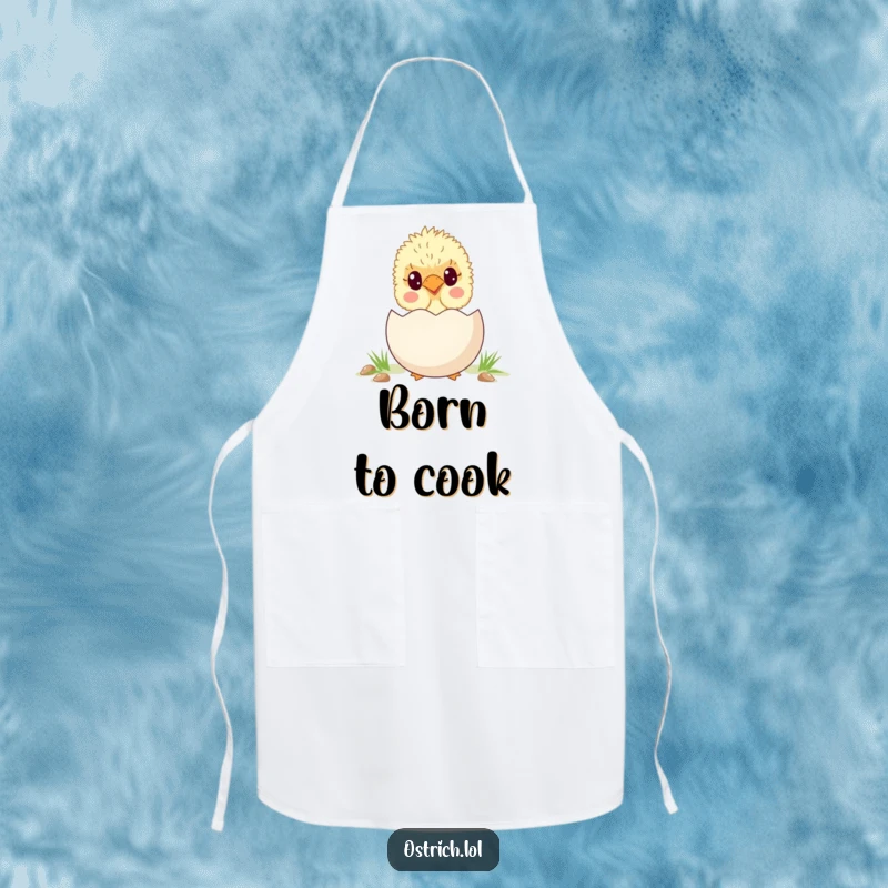Funny, cute ostrich chick peeking out from behind a large egg, featured on a charming and humorous kitchen apron.