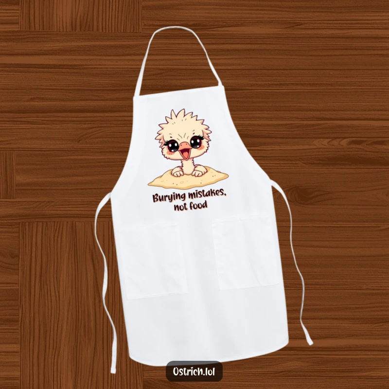 Funny ostrich character burying its head in sand, eyes peeking out nervously, featured on a humorous and practical kitchen apron.