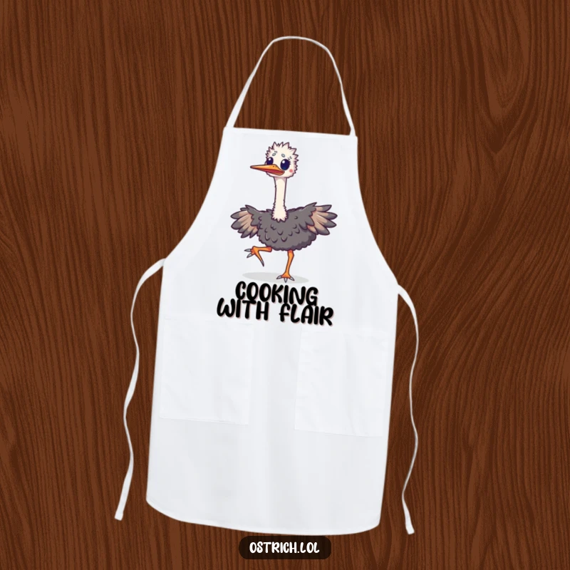 Funny ostrich apron depicting an excited bird doing a happy jig, its long neck bobbing joyfully, perfect for adding humor to cooking.