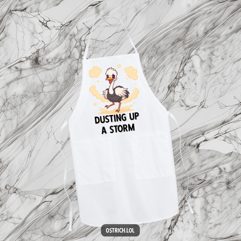 Funny ostrich character energetically kicking up dust while wearing a fun apron, ideal for kitchen shenanigans and humor.