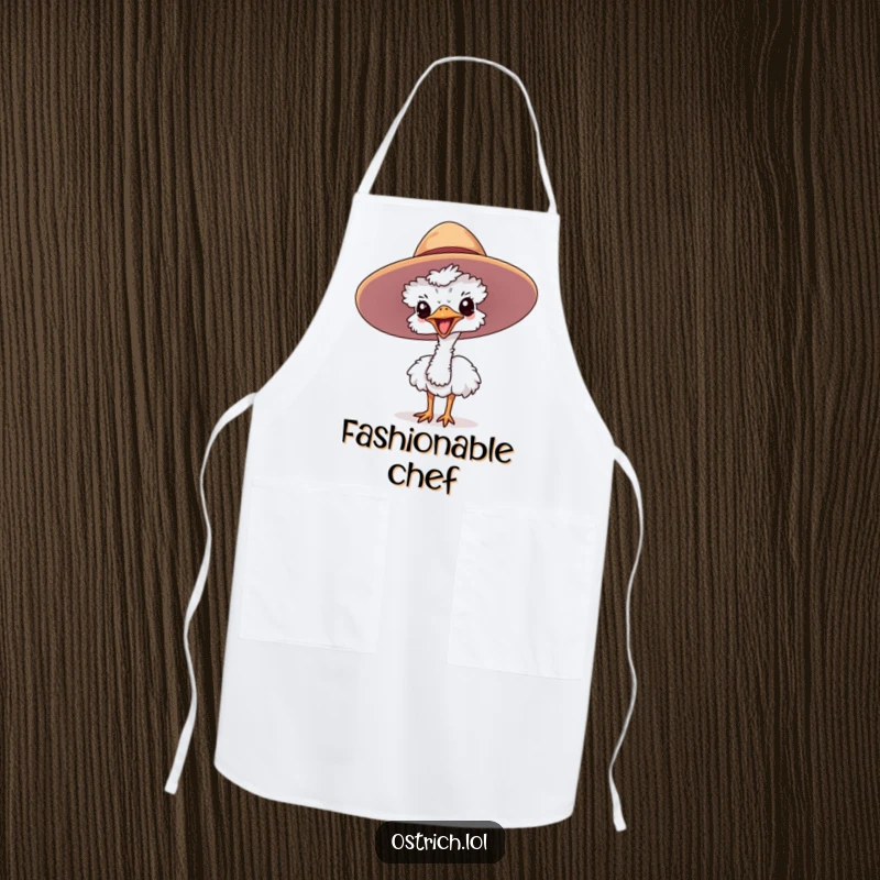 Funny ostrich apron featuring a cute character joyfully peeking out of a large hat, ideal for kitchen fun.