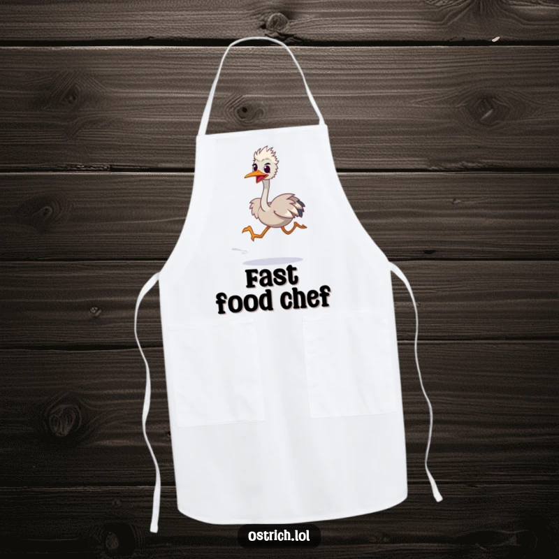 Funny apron featuring a chef ostrich character in a comical, blurred sprint, perfect for cooks who move quickly.