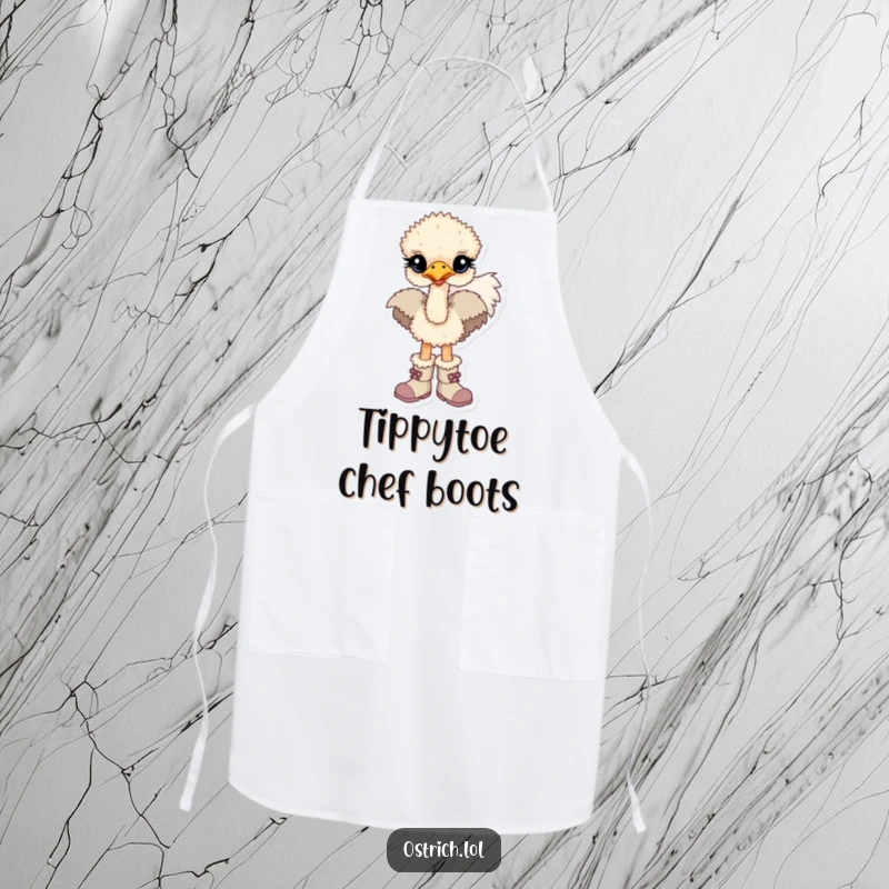 Funny apron with a baby ostrich character attempting to walk in oversized boots, ready for kitchen adventures.