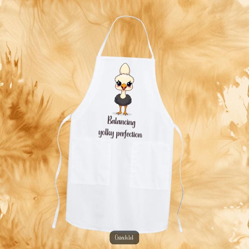 Funny apron depicting an ostrich character demonstrating comedic balance with an egg on its head while cooking.