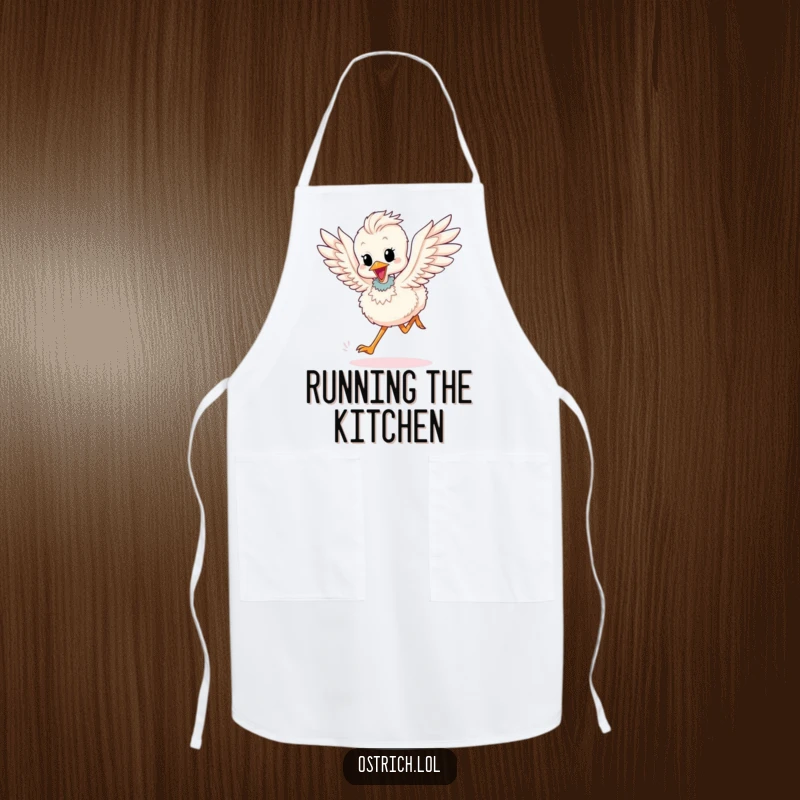 Funny apron: A cute ostrich chick character running excitedly, flapping its wings in the kitchen.