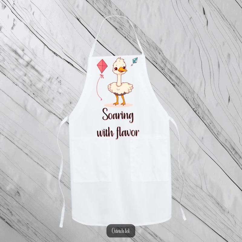 Funny ostrich apron depicting a grinning bird making a spirited attempt to fly a kite, adding humor and inspiration to cooking.