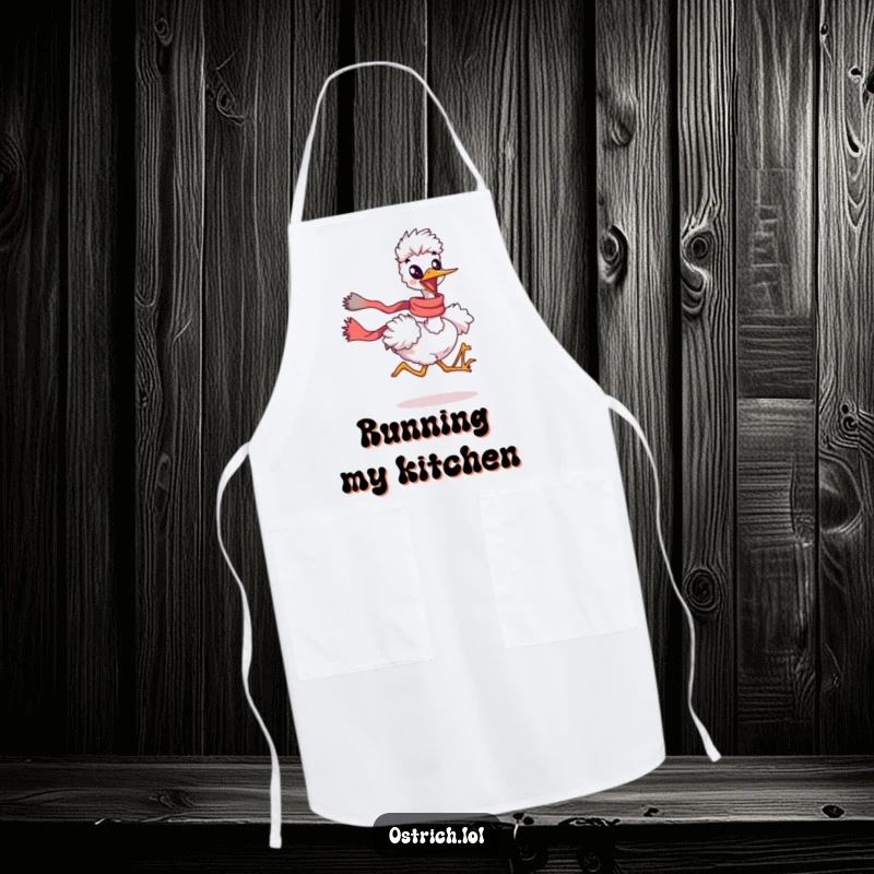 Funny ostrich running with a scarf flowing on an apron, a practical and humorous funny kitchen gift.