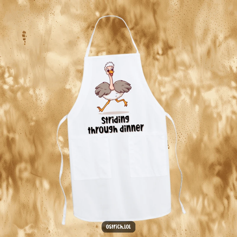 Funny Ostrich Stride Apron: A happy ostrich character taking a huge stride. Adds humor to cooking. Motivational gift idea.