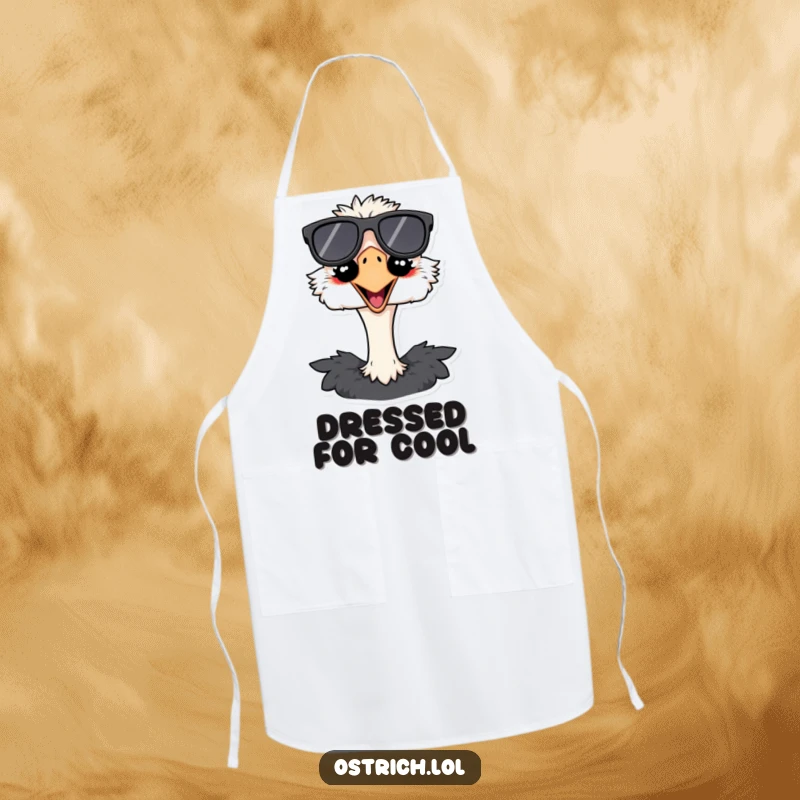 Funny ostrich apron featuring a cool bird in oversized sunglasses and a grin, making kitchen duties more enjoyable and humorous.