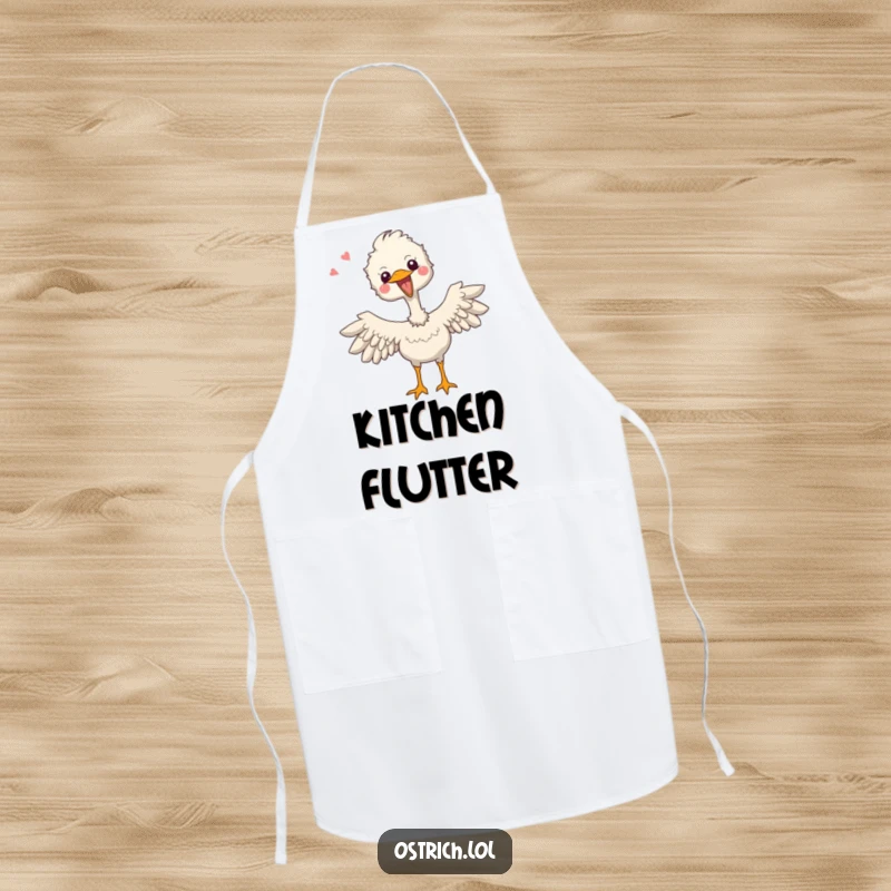 Funny apron featuring a joyful ostrich character flapping its tiny wings with infectious excitement, ready for fun.