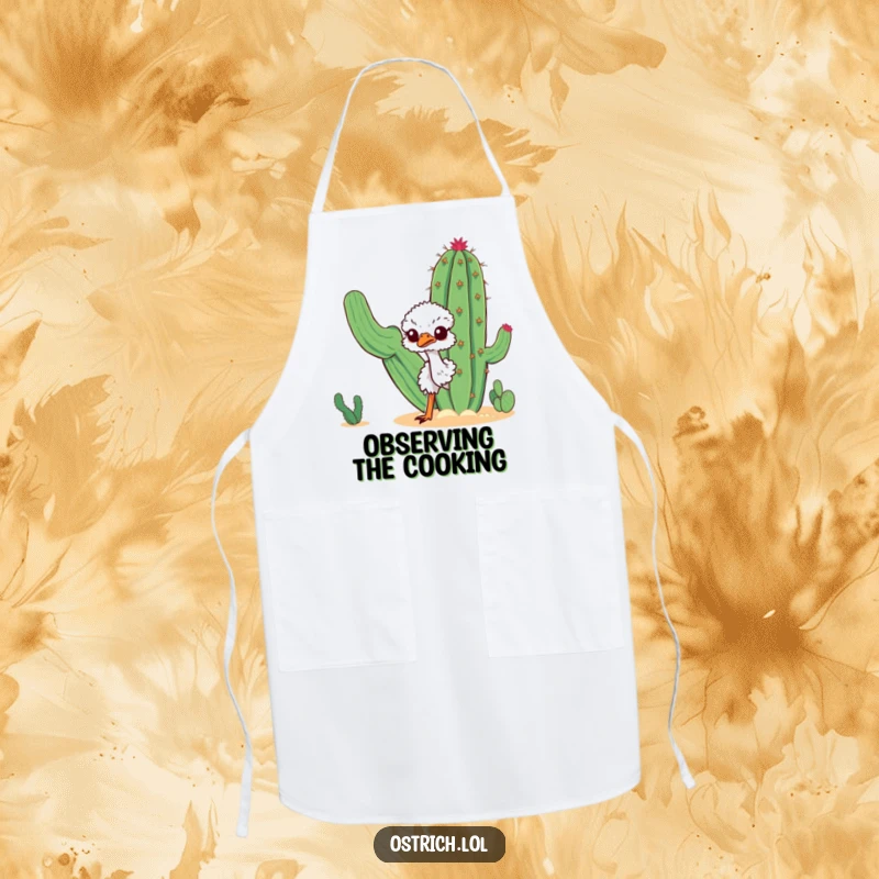Funny curious ostrich peeking around a desert cactus on a kitchen apron, for chefs who appreciate humor and desert vibes, great gift.
