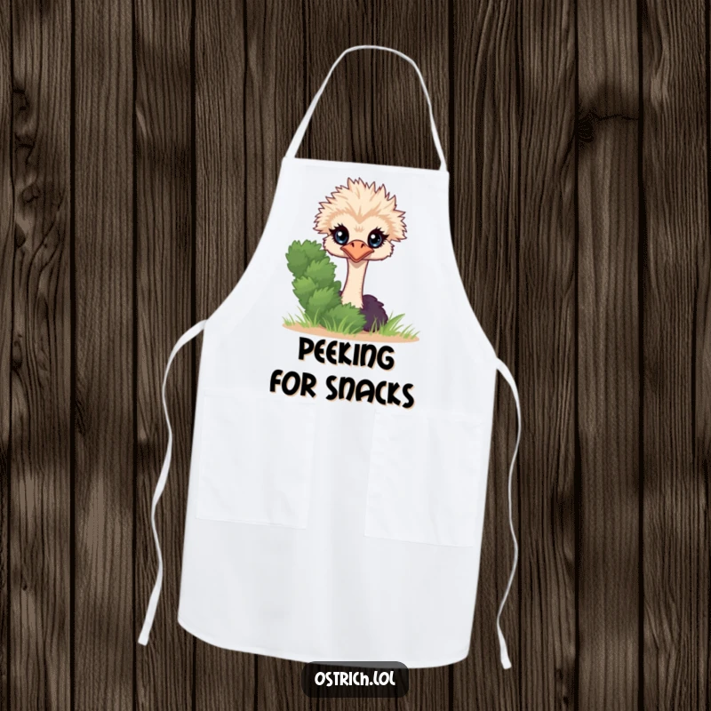 Funny Ostrich Peeking Apron, a shy character peeking from behind a bush, ready for culinary adventures.