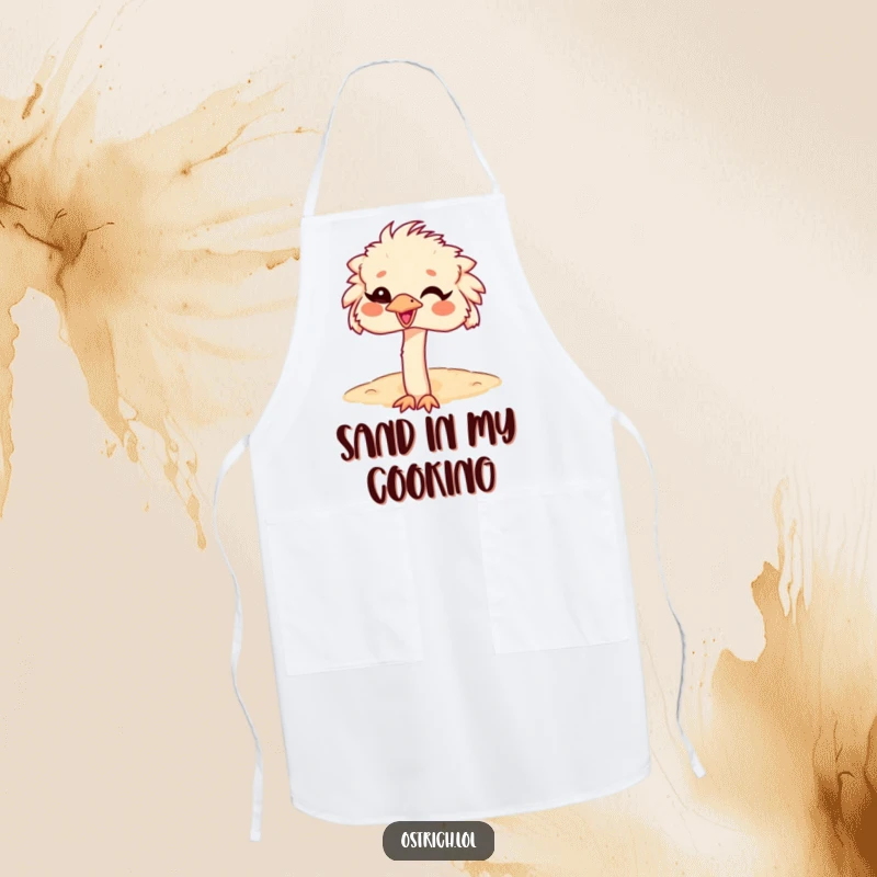 Funny Ostrich Head in Sand Apron, a giggling character with its head buried, perfect for humorous cooking.