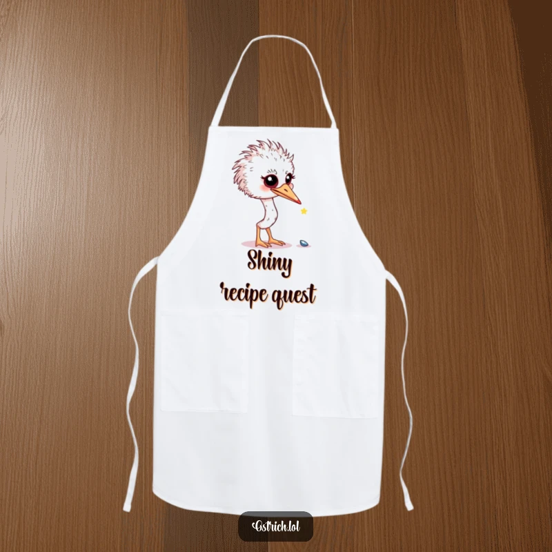 Funny curious ostrich looking at a shiny object on an apron, a practical and humorous funny kitchen gift.