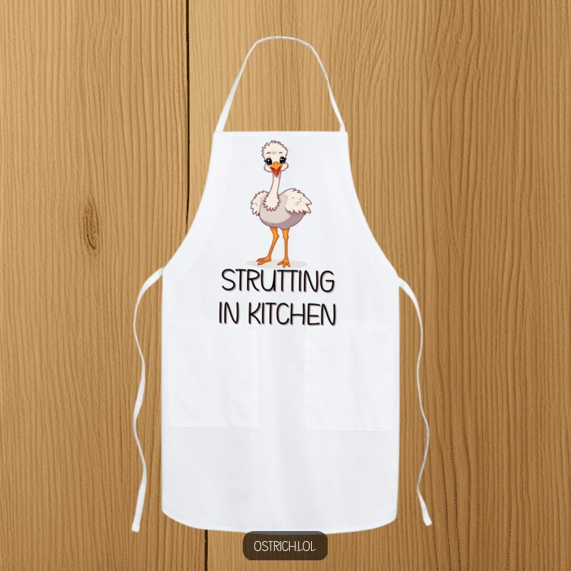 Funny Cartoon Ostrich Apron, a character doing a silly strut, ready for kitchen adventures.