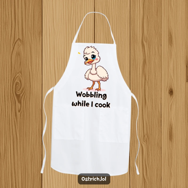 Funny ostrich character giggling and doing a wobbly dance, featured on a humorous and practical kitchen apron.