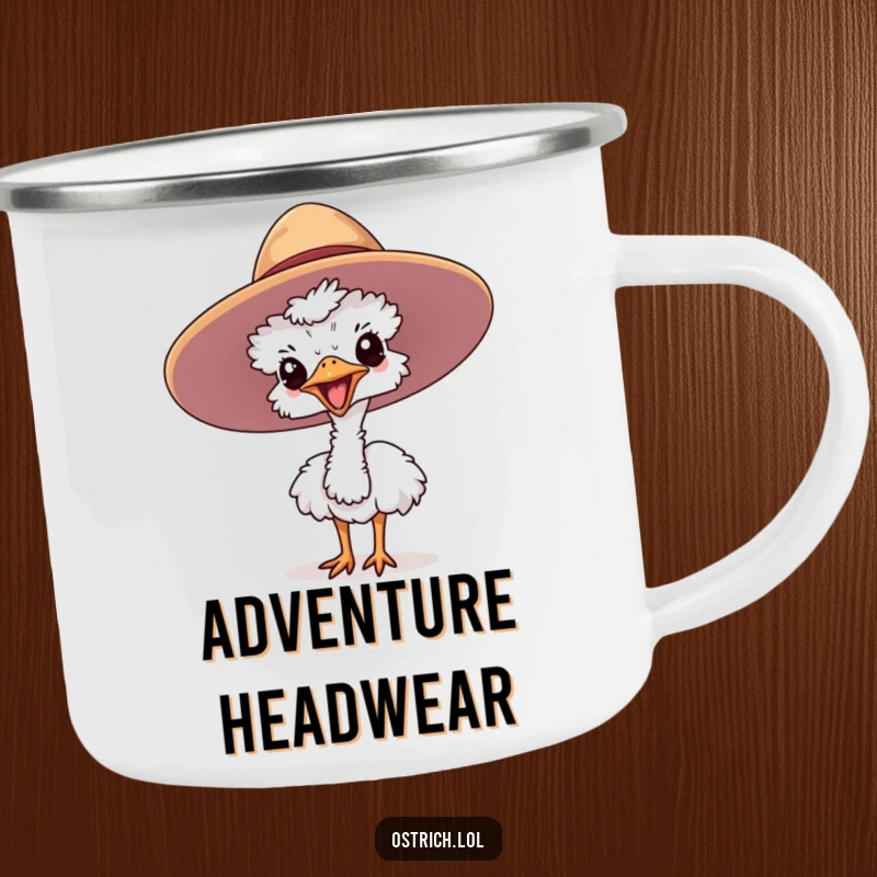 Funny ostrich camping mug with a cute character joyfully sticking its head out of a large hat, great for outdoors.