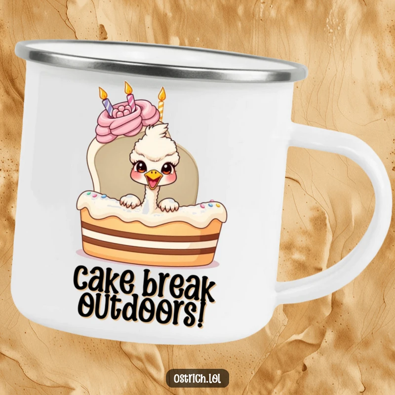 Funny ostrich bursting from a birthday cake on a camping mug, a durable and humorous outdoor gift.