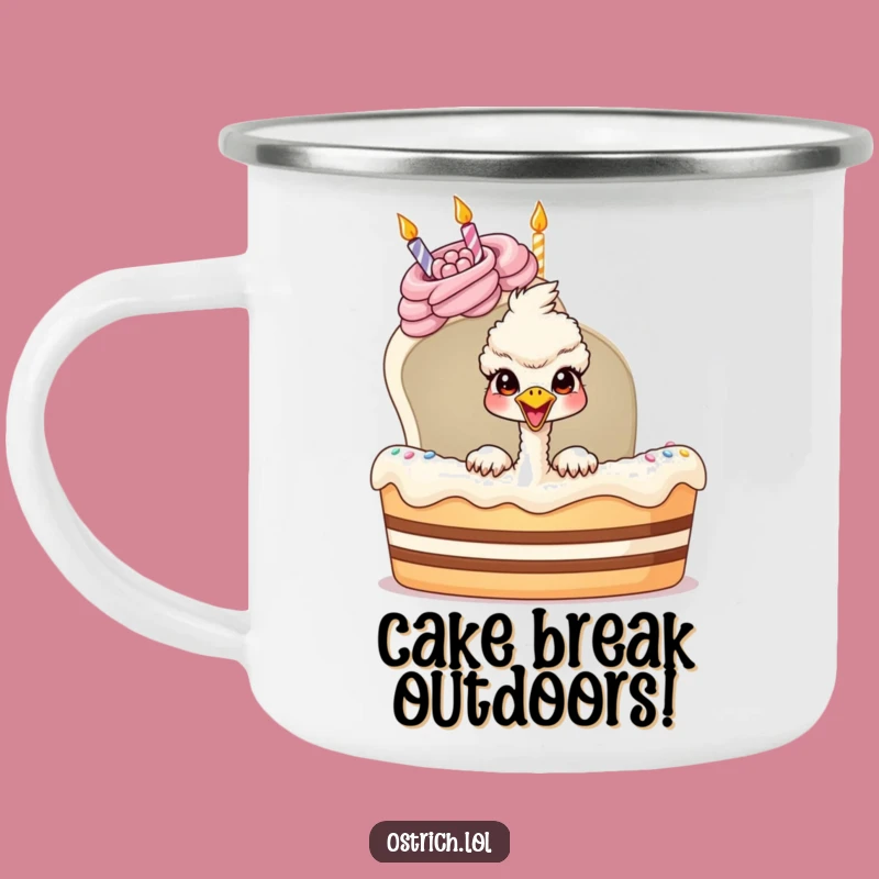 Funny Ostrich Birthday Cake Camping Mug: Enjoy Laughs Around the Campfire Gift