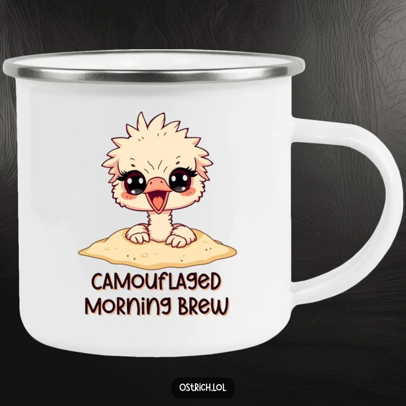 Funny ostrich with head buried in sand, eyes peeking out, on a durable camping mug, ideal for humorous outdoor moments.