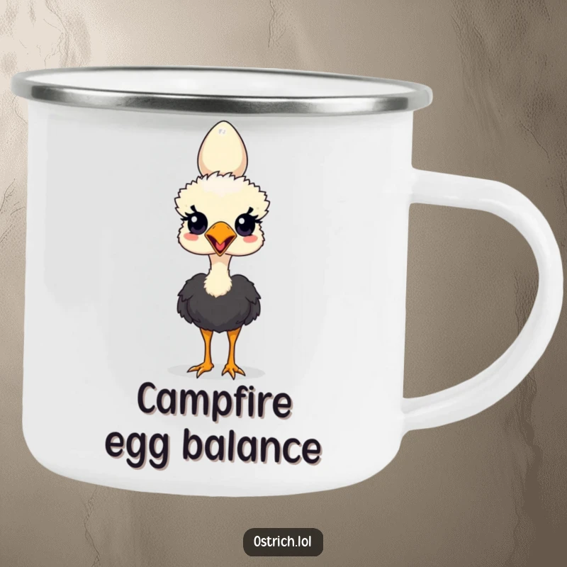 Funny camping mug showcasing an ostrich character skillfully balancing an egg on its head, ready for the wilderness.