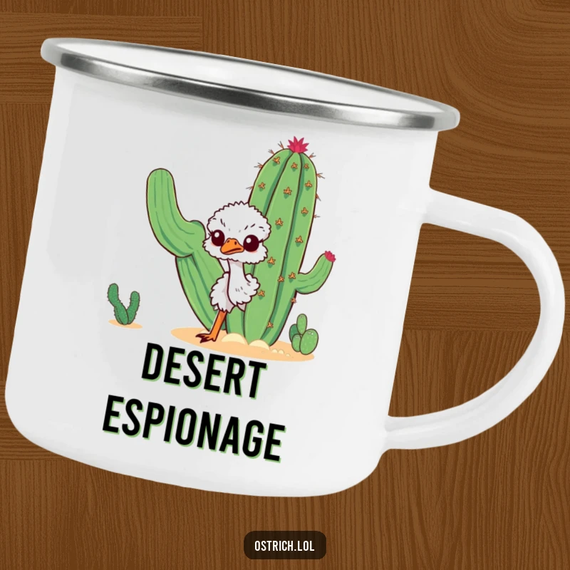 Funny curious ostrich peeking around a desert cactus on a durable camping mug, perfect for hiking and outdoor adventures, great gift.