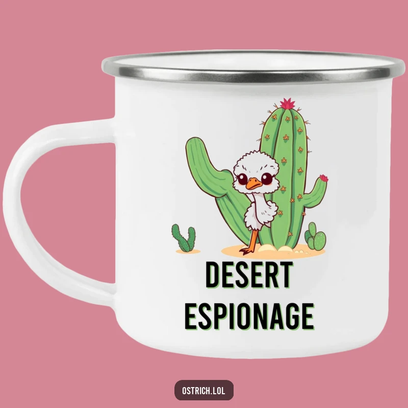 Funny Curious Ostrich Camping Mug: Desert Cactus Peek Adventure Gift