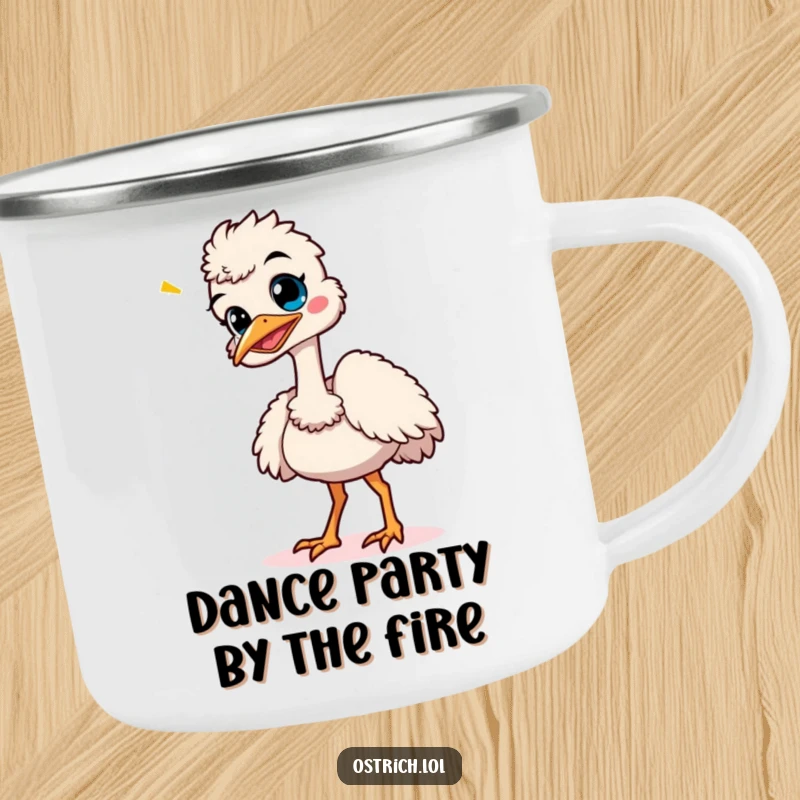 Funny ostrich giggling and doing a wobbly dance, depicted on a durable camping mug for humorous outdoor enjoyment.