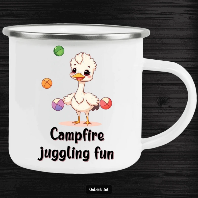Funny cheerful ostrich juggling colorful balls on a camping mug, a durable and humorous outdoor funny gift.