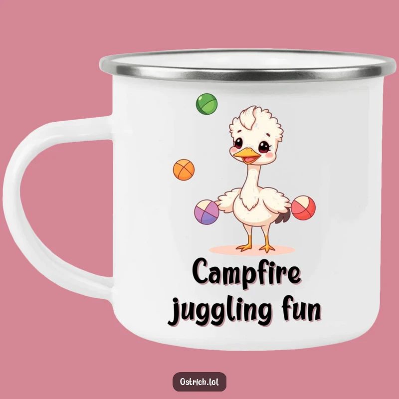 Funny Juggling Ostrich Camping Mug: Cheerful Skills for Outdoor Adventures