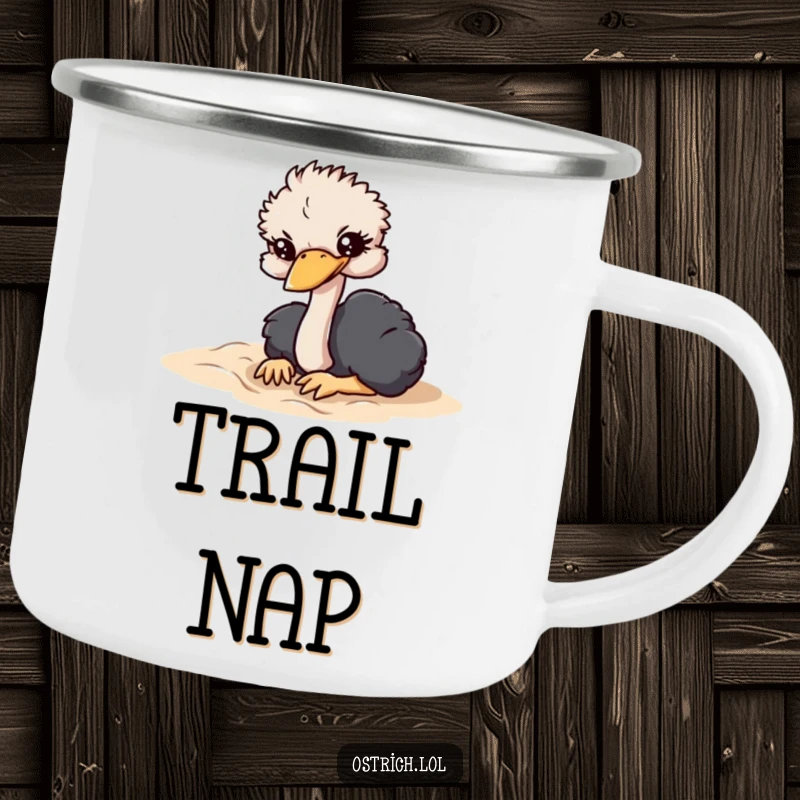 Funny camping mug showing an ostrich character dramatically burying its head in soft sand, during a humorous outdoor escape.