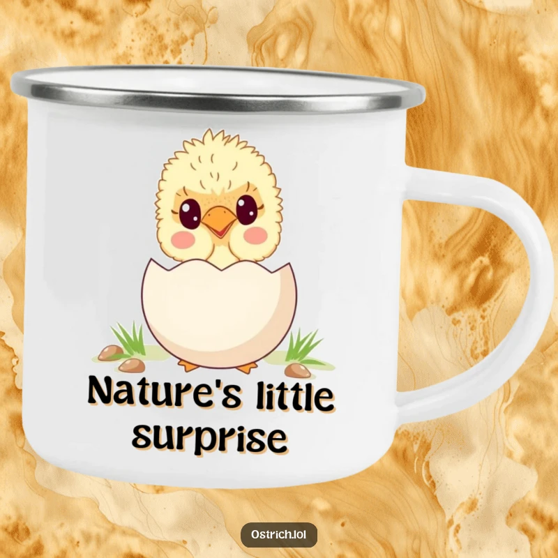 Funny, cute ostrich chick peeking from behind a large egg, depicted on a durable camping mug for humorous outdoor enjoyment.