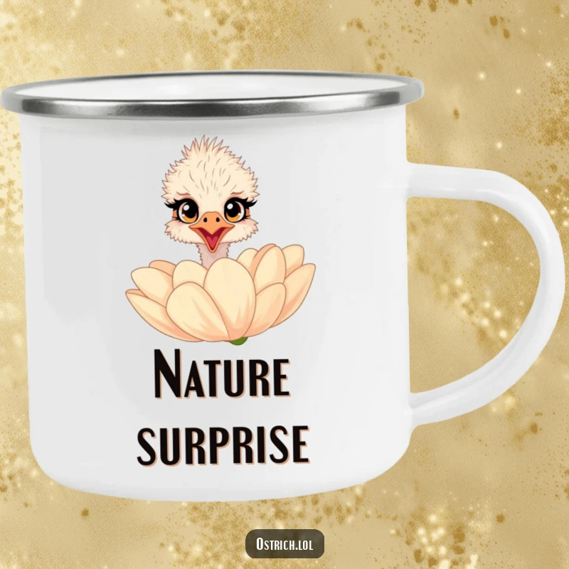 Funny ostrich camping mug with a surprised character with wide eyes peeking over a giant flower, great for outdoors.