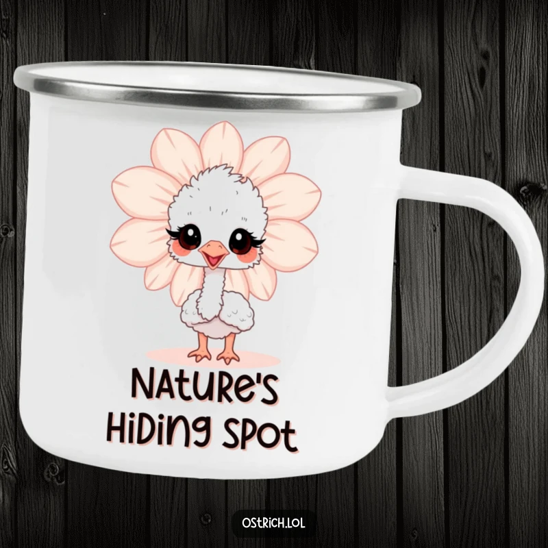 Funny baby ostrich peeking from behind a flower on a sturdy camping mug, perfect for enjoying drinks in nature.