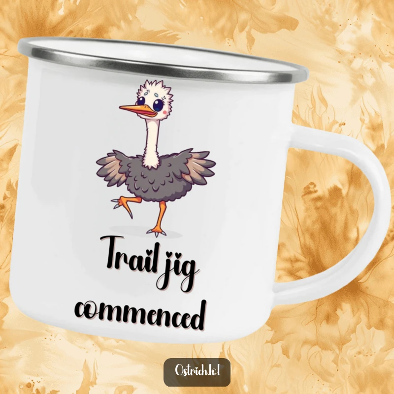 Funny ostrich camping mug showing an ecstatic bird doing a happy jig, its long neck bobbing with pure joy, perfect for any beverage.