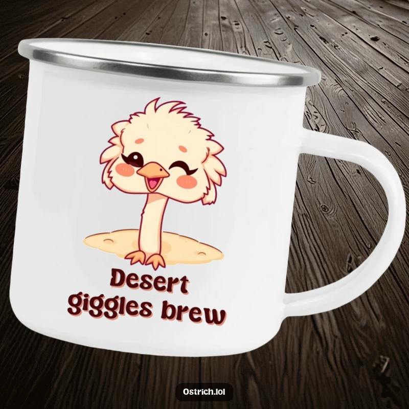 Funny Ostrich Head in Sand Camping Mug, a giggling character with its head buried, ideal for humorous outdoor trips.
