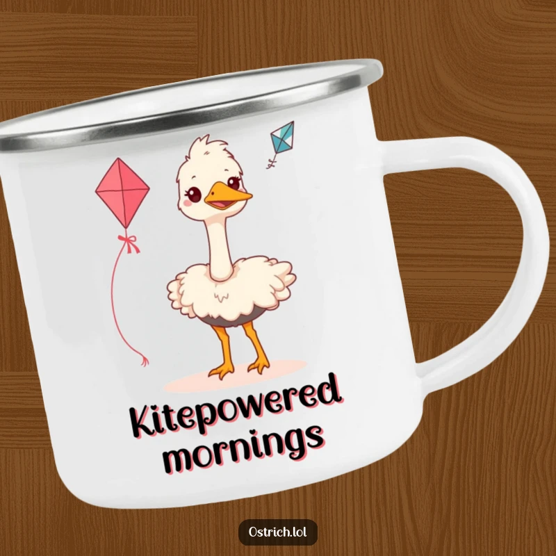 Funny ostrich camping mug showing a grinning bird attempting to fly a kite, perfect for hot or cold beverages on any adventure.