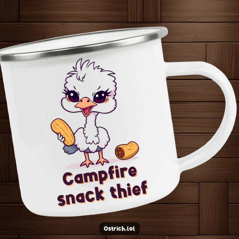 Funny ostrich camping mug showing a mischievous bird focused on stealing a peanut, perfect for any beverage on the go.