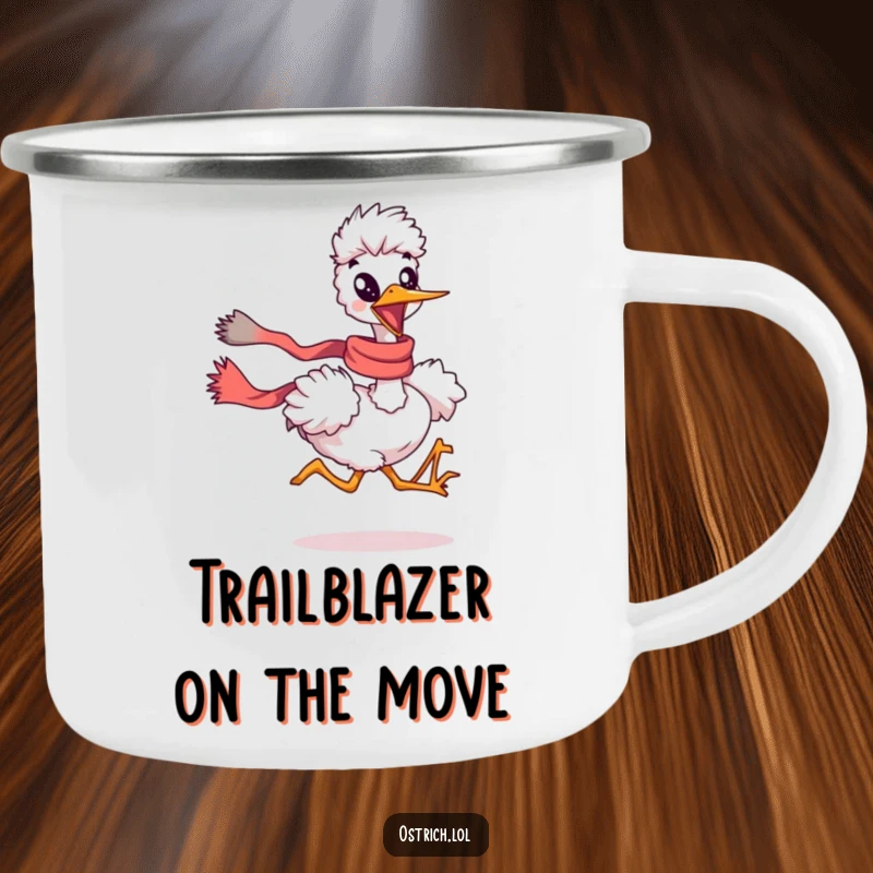 Funny ostrich running with a scarf flowing on a camping mug, a durable and humorous outdoor funny gift.