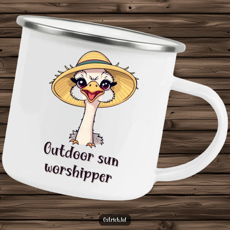 Funny ostrich wearing a comically large sun hat, squinting happily on a sturdy camping mug, perfect for enjoying drinks outdoors.