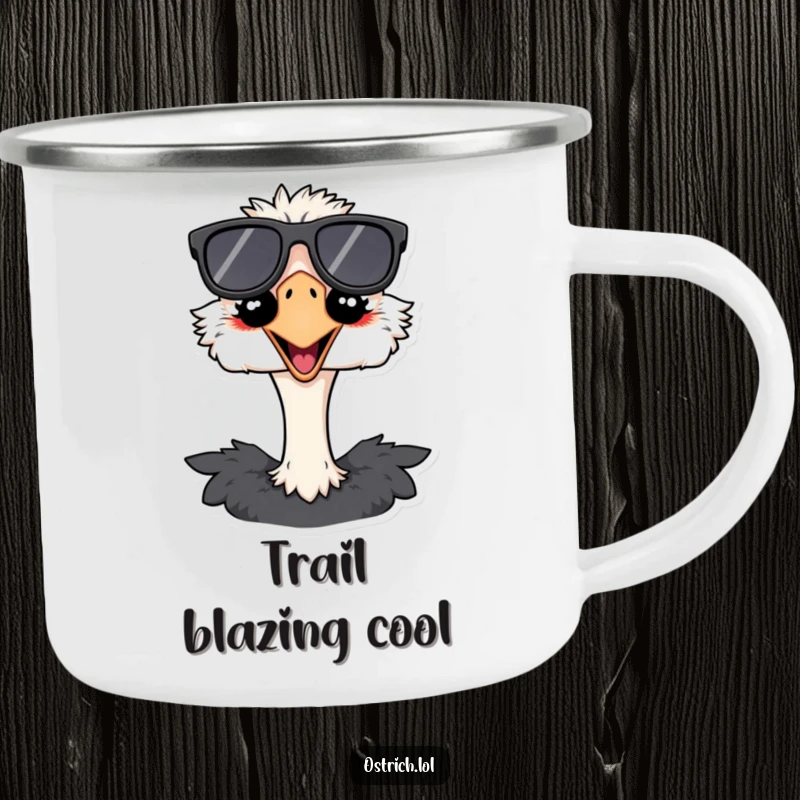 Funny ostrich camping mug featuring a bird in oversized sunglasses and a grin, perfect for hot or cold drinks on any outdoor trip.
