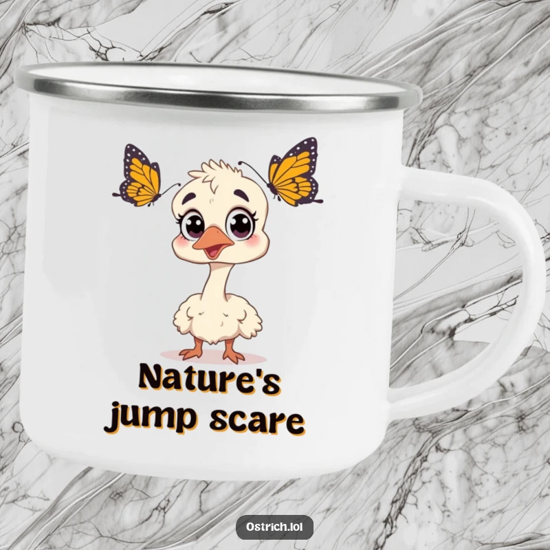 Funny ostrich, startled by a butterfly, on a camping mug, ideal for outdoor enthusiasts who appreciate humor and surprise, great gift.
