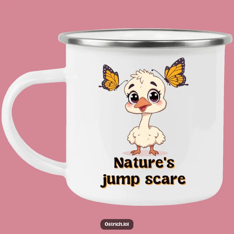Funny Surprised Ostrich Camping Mug: Startled Butterfly Adventure Gift