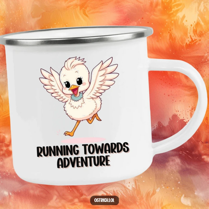 Funny camping mug: A cute ostrich chick running with wings flapping, ready for outdoor adventures.