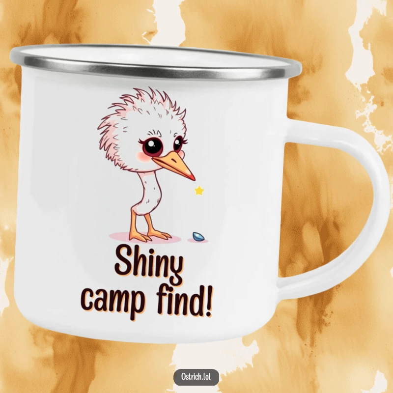 Funny curious ostrich looking at a shiny object on a camping mug, a durable and humorous outdoor funny gift.