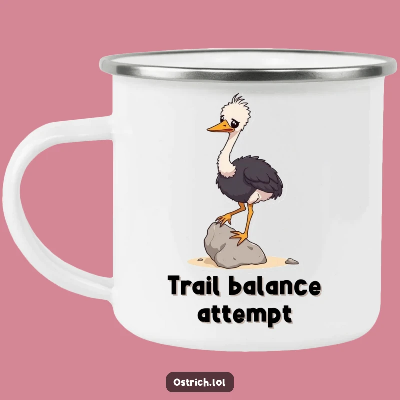 Funny Ostrich Balancing Rock Camping Mug: Wobbly Enamel Mug, Outdoor Gift