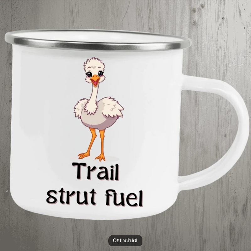 Funny Cartoon Ostrich Camping Mug, a character doing a silly strut, ideal for humorous outdoor trips.
