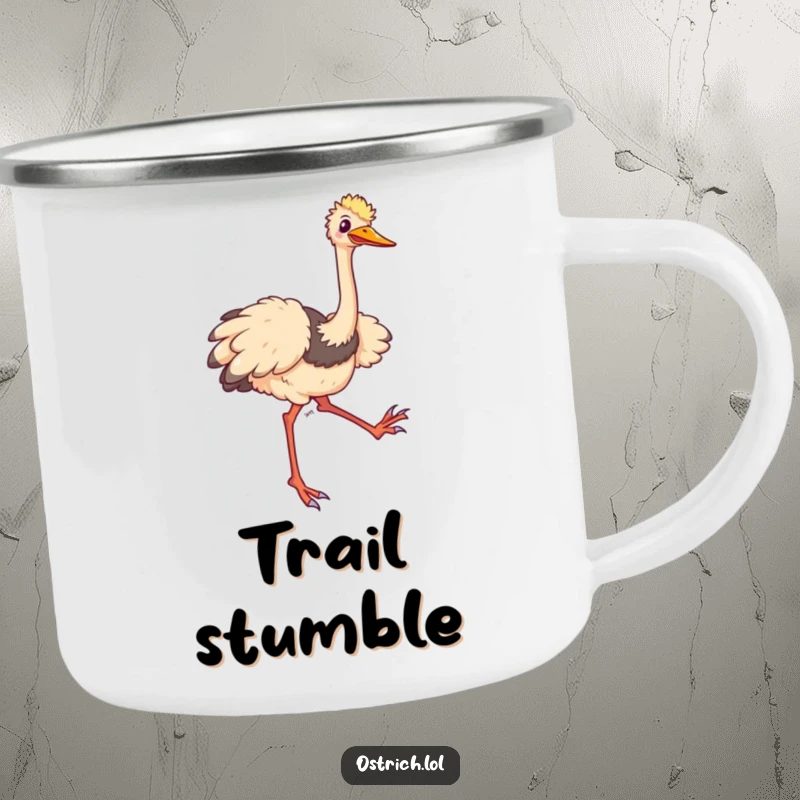 Funny ostrich camping mug with a comical character tripping and flailing its long legs happily, great for outdoors.