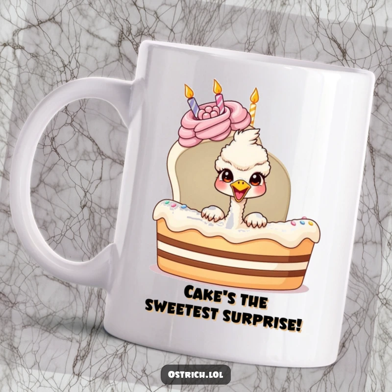 Funny ostrich peeking from a giant birthday cake on a mug, a joyful and surprising design for a humorous celebration.
