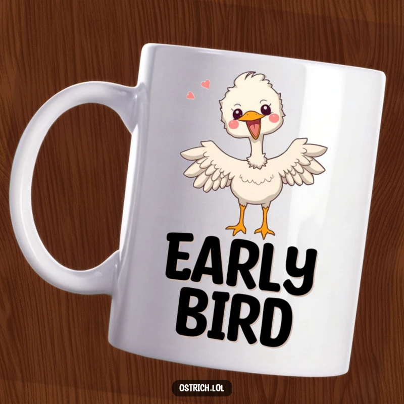 Funny mug showing a joyful ostrich character enthusiastically flapping its tiny wings with pure excitement.